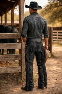 Pantalon Western Noir pour Homme avec Pompons, Taille Haute, Coupe Droite, Braguette Boutonnée, en Toile Délavée, Style Décontracté, Idéal pour l'Automne - Product Image 5