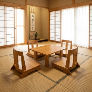 Juego de mesa de comedor de madera de teca maciza de estilo japonés, 4 sillas Zaisu sin patas, Tatami Tea Chabudai, muebles minimalistas modernos - Product Image 4