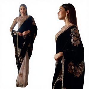 Impresionante Saree de Terciopelo con Lentejuelas y Bordado Dori, Reversible, Moderno, para Fiestas - Product Image 1