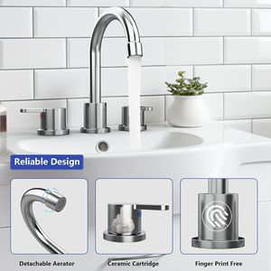 Robinet de lavabo de salle de bain chromé à 2 poignées, 8 pouces, 3 trous, avec bec pivotant à 360 degrés et ensemble de vidange à clapet, robinet de vanité à montage large - Product Image 3