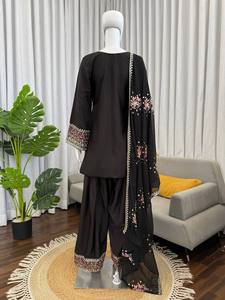 <b>Black</b> Embroidered Salwar Kameez with Dupatta Women <b>Pakistani</b> <b>Dress</b> Wedding Party Eid Wear - Product Image 2
