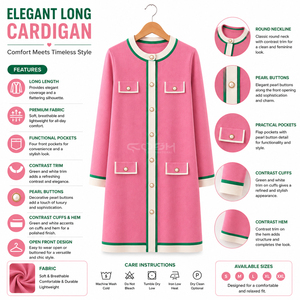Cosh International - Cárdigan Largo Acrílico Rosa para Hermandad con Ribete en Color de Contraste y Cierre de Botones, Cuello Redondo y Manga Larga - Product Image 6
