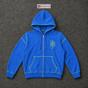 Blue Gothic Zip Up <b>Hoodie</b> Green Contrast <b>Stitching</b> <b>Oversized</b> Streetwear Embroidered Logo Unisex Custom Punk Fashion <b>Hoodie</b> Wear - Product Image 5