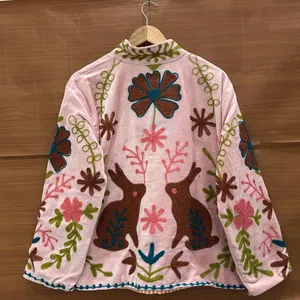 Elegant Pink <b>Velvet</b> Floral Embroidered Suzani <b>Jacket</b> With Rabbit Pattern Full Sleeve Stand Collar Bohemian Women's Winter Coat - Product Image 6
