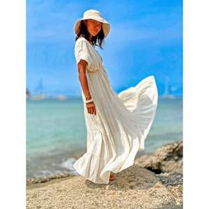 Robe longue blanche bohème pour femme, col en V, sans manches, à volants, taille naturelle, lavable, pour l'été, la plage et les vacances - Product Image 2