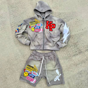 Ensemble de survêtement streetwear deux pièces pour homme, veste d'été et short, avec broderie effet usé et délavé soleil, sweat à capuche zippé - Product Image 2