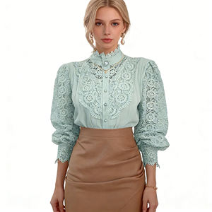 Ventes flash sur Temu |   Chemisier Vintage en Dentelle Florale à Col Montant et Manches Bouffantes, Creux et Ajouré, pour Femme, Idéal pour le Bureau et les Trajets Quotidien - Product Image 1