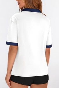 Camiseta Polo Blanca para Mujer con Contraste Azul Marino, Manga Corta, Casual, Largo Regular, Color Sólido, Transpirable, Tela Oxford, ODM - Product Image 2