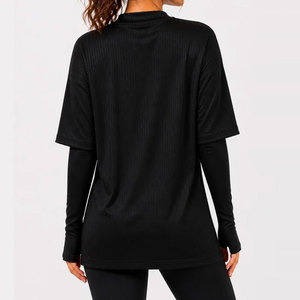 T-shirt de sport pour femme à col montant, personnalisé, OEM ODM, en maille côtelée unie extensible, manches courtes, collection 2026 - Product Image 2
