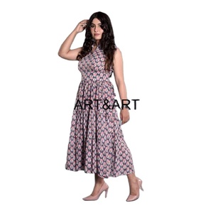Robe midi décontractée pour femmes, tenue de soirée formelle, imprimé à la main sur coton, sans manches, décoration plissée, douce, naturelle, lavable - Product Image 2