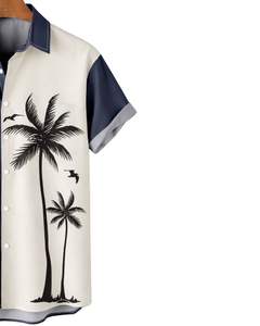 Camisa de Manga Corta con Estampado de Palmeras en Azul Marino y Beige, Estilo Casual para Playa, Verano, para Hombre, Fabricante OEM, Suministro Personalizado - Product Image 4