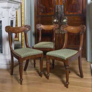 Luxury Handcrafted Solid Wood Dining Chairs <b>Set</b> Regency Style Scroll Carving Green Patterned Seat - Product Image 1