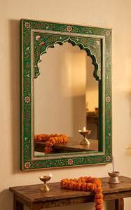 Grand miroir mural rectangulaire en bois peint à la main avec un motif floral, style bohème, pour le salon, décoration de la maison - Product Image 2