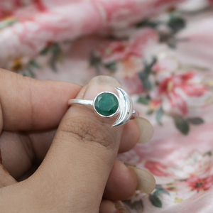 925 Sterling Silver Crescent Moon <b>Ring</b> Natural Emerald Gemstone <b>Adjustable</b> Open <b>Ring</b> Handmade Minimalist Women Jewelry for her - Product Image 4