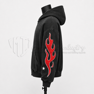 Custom Men's Black Full <b>Zip</b> <b>Hoodie</b> Flame Design <b>Y2K</b> Streetwear Fleece Sweatshirt OEM Clothing Factory - Product Image 4