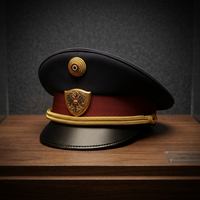 Casquette de Cérémonie Formelle Noire avec Visière, Bande Rouge, Emblème Doré, Badge Métallique Gaufré, pour Homme Adulte, Hiver, Usage Professionnel, 100% Imperméable