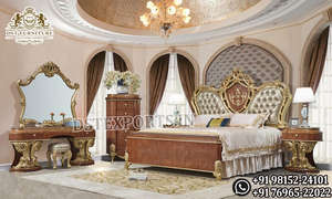 Lit à baldaquin de luxe style Maharaja, ensemble de lit à baldaquin de style palais avec tables de chevet, lit en bois blanc et or, vente chaude aux États-Unis - Product Image 3