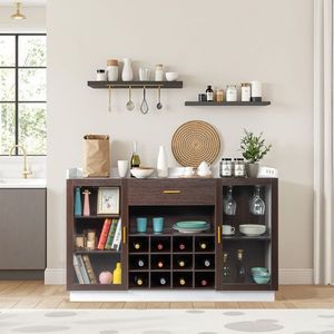 Credenza Portabottiglie per 12 Vini con Doppia Porta in Vetro, Cassetto Singolo, Telaio Nero, Pannelli Interni Bianchi e Marroni in Truciolato - Product Image 5