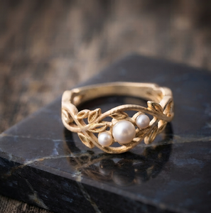 Gold Plated Pearl Leaf 925 Silver <b>Plain</b> Band Vintage Wedding <b>Ring</b> for Women Gift - Product Image 1