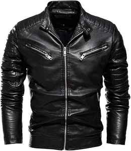 Blouson moto homme en cuir PU coupe ajustée, col montant, fermeture éclair, coupe-vent, manches classiques, couleur unie, pour l'automne - Product Image 1
