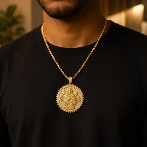 Plated Yellow <b>Gold</b> Moissanaite Coin Charm <b>Pendant</b> Round Cut Diamond Vintage Jewelry Gift for Him - Product Image 3