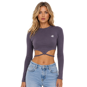 Chemisier court personnalisé à manches longues pour femme, avec découpe à la poitrine et bretelles croisées, col rond, couleur unie, coupe ajustée, style streetwear, vente en gros - Product Image 1