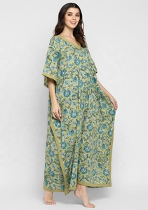 Impresionante vestido caftán verde oliva turquesa hasta el suelo algodón suave cintura Natural cuello en V bloque de mano estampado Floral ropa de salón - Product Image 3