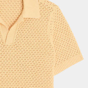 Polo de punto abierto con textura de ganchillo para hombre, ropa de verano 2026, amarillo suave, corte relajado, sin botones, cuello tipo campamento, HD - Product Image 3