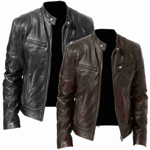 New Style Men's Brown PU Leather <b>Jacket</b> <b>Slim</b> <b>Fit</b> Stand Collar Zipper Closure Autumn Style Solid Color Regular Length - Product Image 5