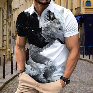 Polo para Hombre con Estampado Digital de Doble Lobo |   Camiseta de Alta Definición con Cierre de Cremallera 1/4 Sublimada | Ropa casual de verano con motivos de animales creativos - Product Image 3