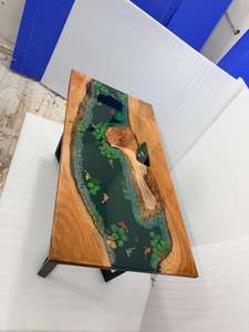 Plateau de table rectangulaire en bois d'acacia et résine époxy faite à la main, motif poisson, pour bureau, hôtel, salon - Plateau de table design poisson - Product Image 2