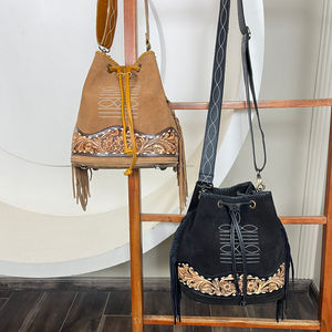 Wholesale Popular Boot Stitch Suede <b>Leather</b> Shoulder Bucket <b>Handbags</b> for Women Western Genuine <b>Leather</b> Drawstring Designer Purse - Product Image 5