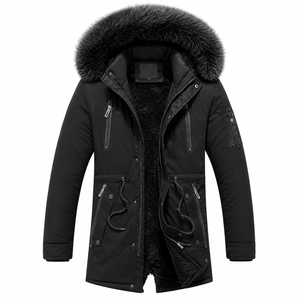 Winter Solid Color Hooded Men's Fleece <b>Jacket</b> Plain Dyed Long Stand Collar Polyester/Cotton Thick Slim Fit Winter Men Parka - Product Image 2