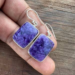 Pendientes colgantes de charoita natural, plata de ley 925, hechos a mano, joyería para mujer, pendientes minimalistas con piedras preciosas, regalo para ella - Product Image 3