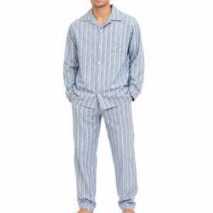 Conjunto de Pijama de Algodón Popelín a Rayas para Hombre, Manga Larga, Transpirable, Ropa de Dormir de Verano, Pantalones Largos Casuales, Camisa con Cuello Camisero - Product Image 1