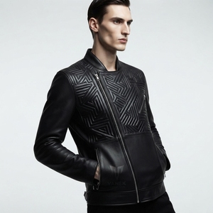 Veste de motard en cuir véritable noir pour homme Vanek International, col montant, fermeture éclair, motif géométrique embossé, coupe ajustée - Product Image 1