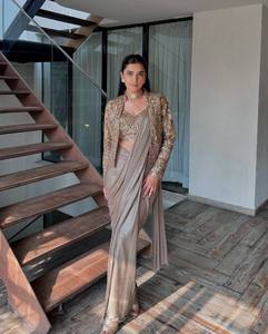 Women Traditional Silk <b>Saree</b> Set <b>With</b> Embroidered <b>Jacket</b> Gold Beige Wedding Wear India Pakistan Style Floor-Length Regular Fit - Product Image 2