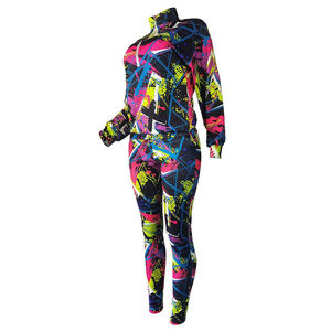 <b>Women's</b> Geometric Print Full Sleeve Zipper Sport Wear Set Regular Fit All Seasons Knitted Spandex Polyester - Product Image 2