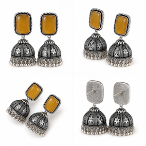 Pendientes Jhumka Rectangulares de Plata Oxidada Amarillo Miel al por Mayor, Joyería Étnica India Vintage Hecha a Mano para Mujer - Product Image 2