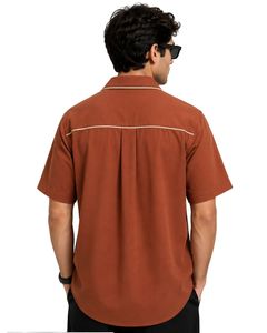 Customized <b>Rust</b> Brown Oversized Casual Men Shirt Contrast Piping Half Sleeve Cuban Collar Summer Streetwear Fashion <b>Top</b> Wear - Product Image 2