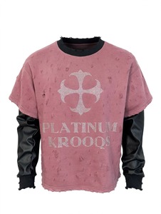 Custom Mauve Rhinestone Cross Long Sleeve Oversized T <b>Shirt</b> Vintage Distressed Layered Leather Sleeves Heavyweight <b>Waffle</b> Fabric - Product Image 1