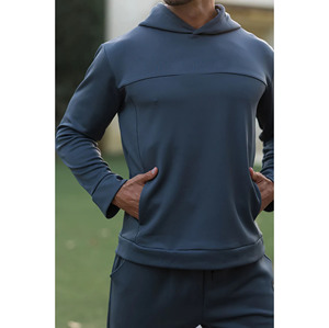 Ensemble de survêtement pour homme bleu foncé à capuche, manches longues, couleur unie, décontracté, taille élastique, poches latérales, 100% polyester, vêtements d'automne - Product Image 2