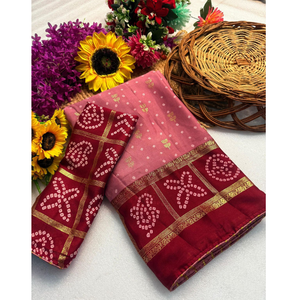 Elegante Sari de Seda Rosa con Borde Marrón y Diseño Bandhani – Moda Étnica - Product Image 1