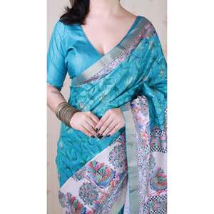 Sari en soie Tussar bleu turquoise Elite Weaves, imprimé Madhubani Fusion, avec motif floral et bordure tissée Zari, style ethnique - Product Image 5