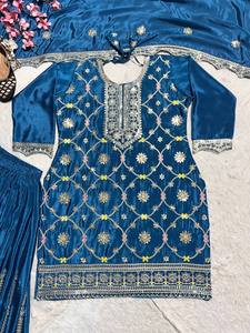 Blue Embroidered Indian Pakistani Traditional <b>Dress</b> With <b>Silver</b> Work Floor-Length Women's <b>Wedding</b> Wear - Product Image 6