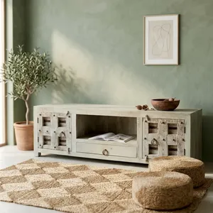 Mueble de TV Vintage de Madera con Dos Puertas y un Cajón, con Estante Abierto, Acabado Blanco Desgastado, Estilo Rústico - Product Image 3