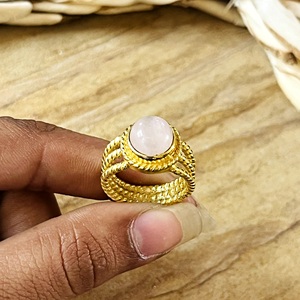 Trendy Rose Quartz <b>Rings</b> Boho Brass Band Jewelry for Women 18k <b>Gold</b> Plated Antique Tribal Twist Halo Design for Wholesale/OEM - Product Image 3