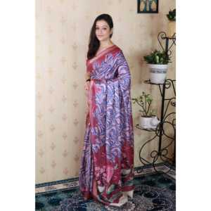 Sari rose abstrait pour soirée, en soie Tussar douce avec châle tissé en zari imprimé - Product Image 2