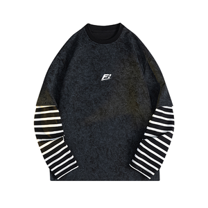 Sudadera Personalizada OEM para Hombre, Oversize, Gris Oscuro Lavado, Efecto Dos Piezas, Rayas, Manga Larga, Patchwork, Hombros Caídos, Unisex, Estilo Hip Hop - Product Image 1