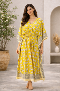 Robe en coton à imprimé éléphant jaune, col en V, longueur cheville, avec ceinture ajustable, tenue décontractée d'été pour femme, robe professionnelle faite à la main - Product Image 5